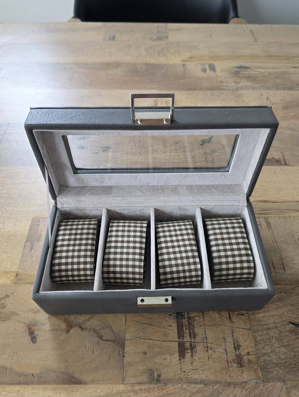 Grey Faux Leather Four Watch Display Box Glass Lid Checkered Cushions